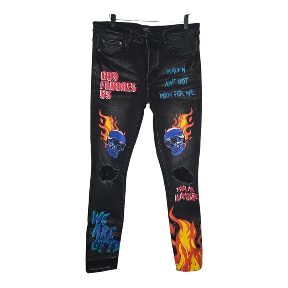 GFTD LA Other - GFTD Mens Black Colorful Graffiti Painted Distressed Landon Denim Jeans 36